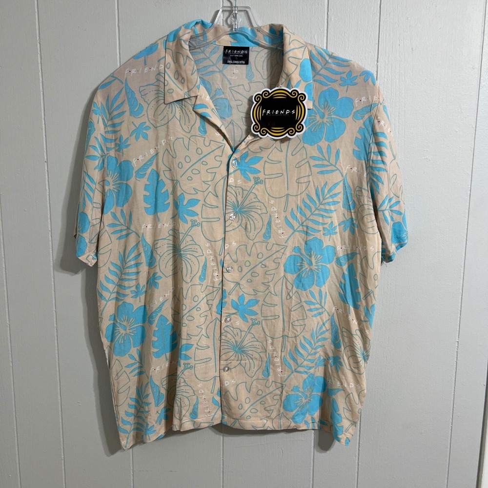 Friends Button Down Shirt Mens 2XL Tan‎ Blue Tropical Floral Hibiscus NWT 90s